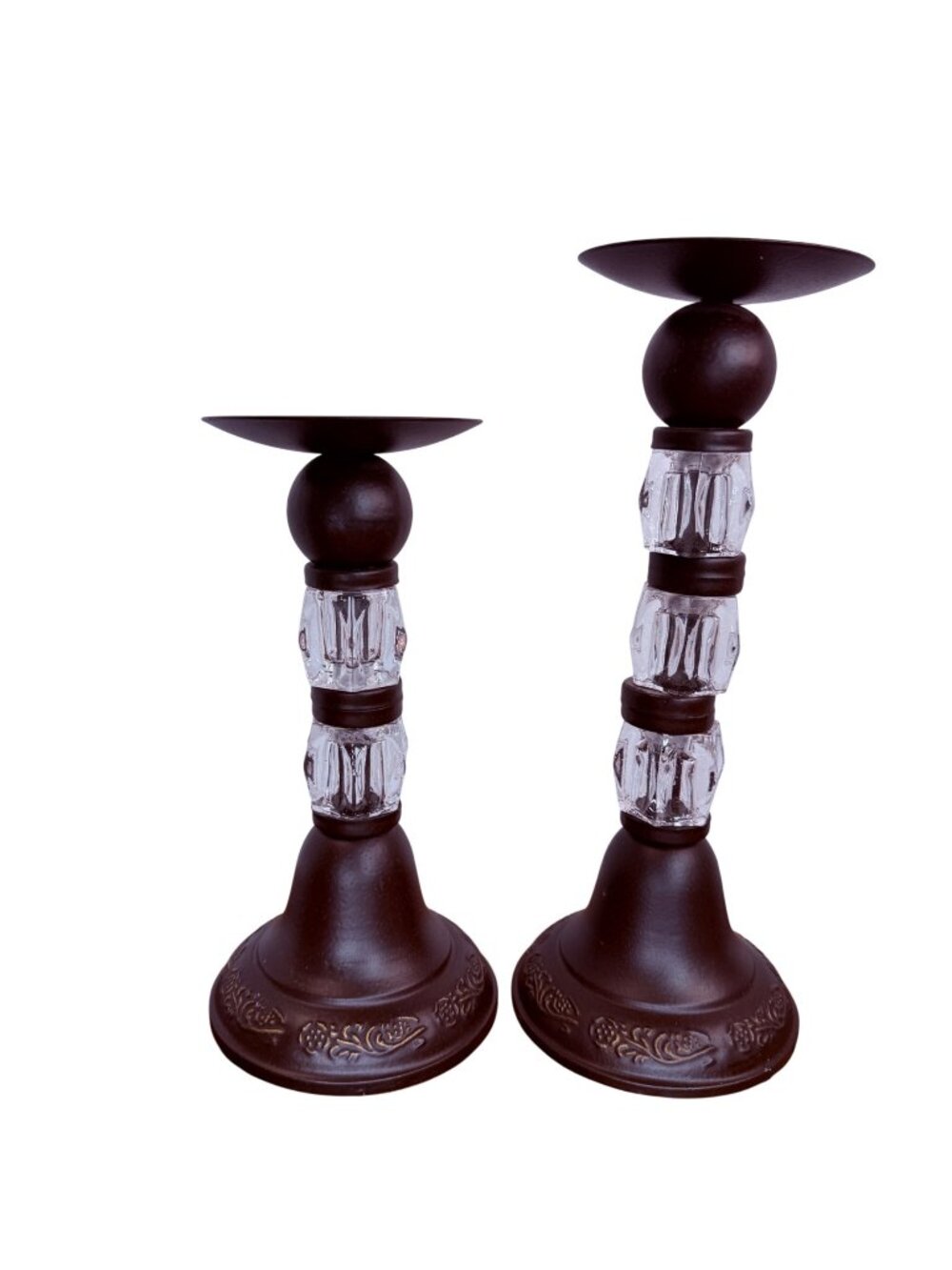 Vintage like Bronze & Tiered Crystal Glass Pillar Candle Holders - Set of 2